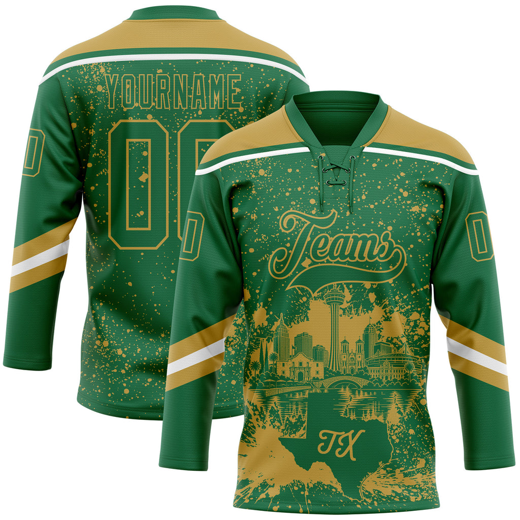 Custom Kelly Green Old Gold-White San Antonio TX City Skyline State Pride Paint Splatter Lace Neck Hockey Jersey
