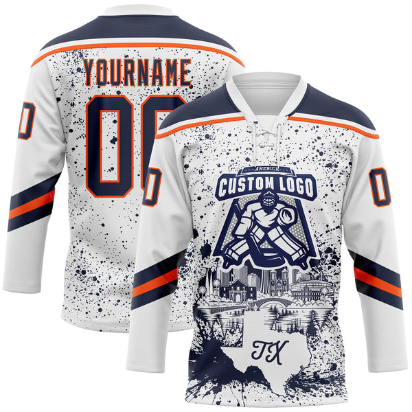 Custom White Navy-Orange San Antonio TX City Skyline State Pride Paint Splatter Lace Neck Hockey Jersey