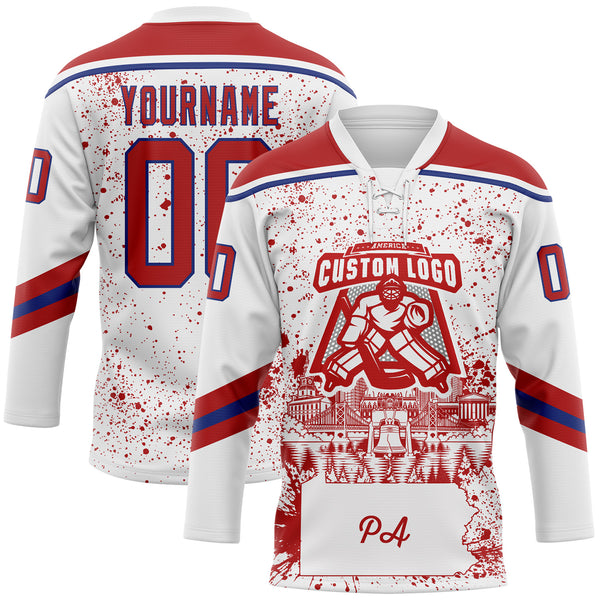 Custom White Red-Royal Philadelphia PA City Skyline State Pride Paint Splatter Lace Neck Hockey Jersey