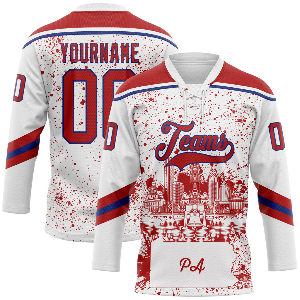 Custom White Red-Royal Philadelphia PA City Skyline State Pride Paint Splatter Lace Neck Hockey Jersey