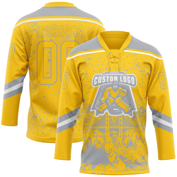 Custom Yellow Gray-White San Francisco CA City Skyline State Pride Paint Splatter Lace Neck Hockey Jersey