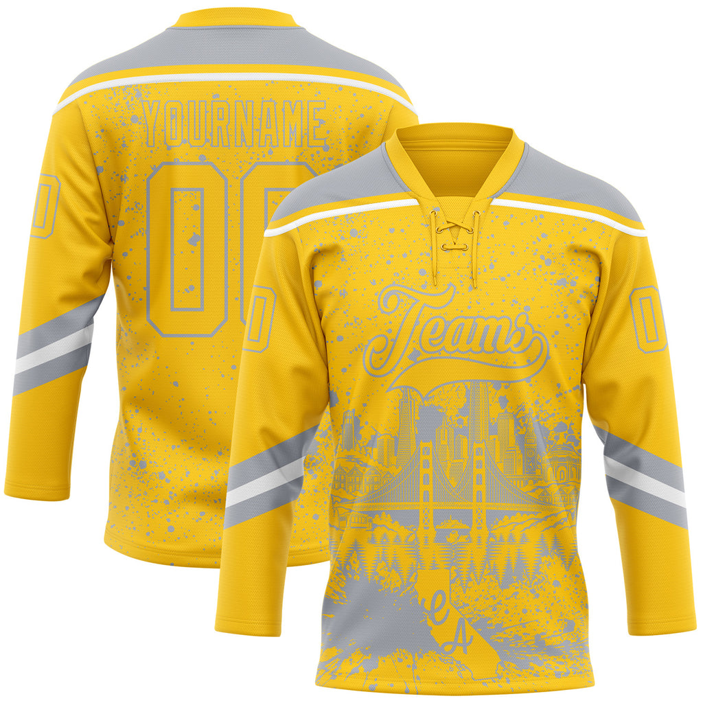 Custom Yellow Gray-White San Francisco CA City Skyline State Pride Paint Splatter Lace Neck Hockey Jersey