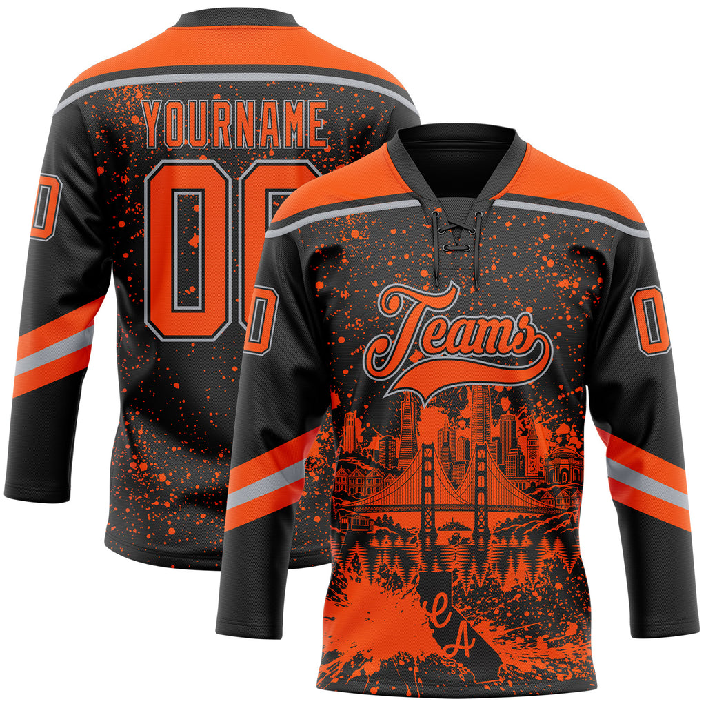 Custom Black Orange-Gray San Francisco CA City Skyline State Pride Paint Splatter Lace Neck Hockey Jersey