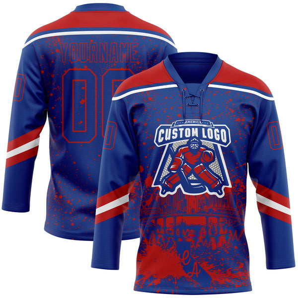 Custom Royal Red-White San Diego CA City Skyline State Pride Paint Splatter Lace Neck Hockey Jersey