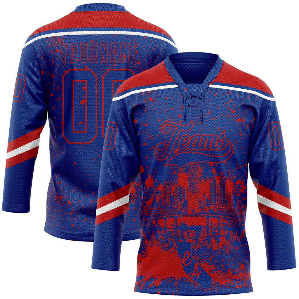 Custom Royal Red-White San Diego CA City Skyline State Pride Paint Splatter Lace Neck Hockey Jersey