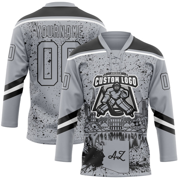 Custom Gray Black-White Phoenix AZ City Skyline State Pride Paint Splatter Lace Neck Hockey Jersey
