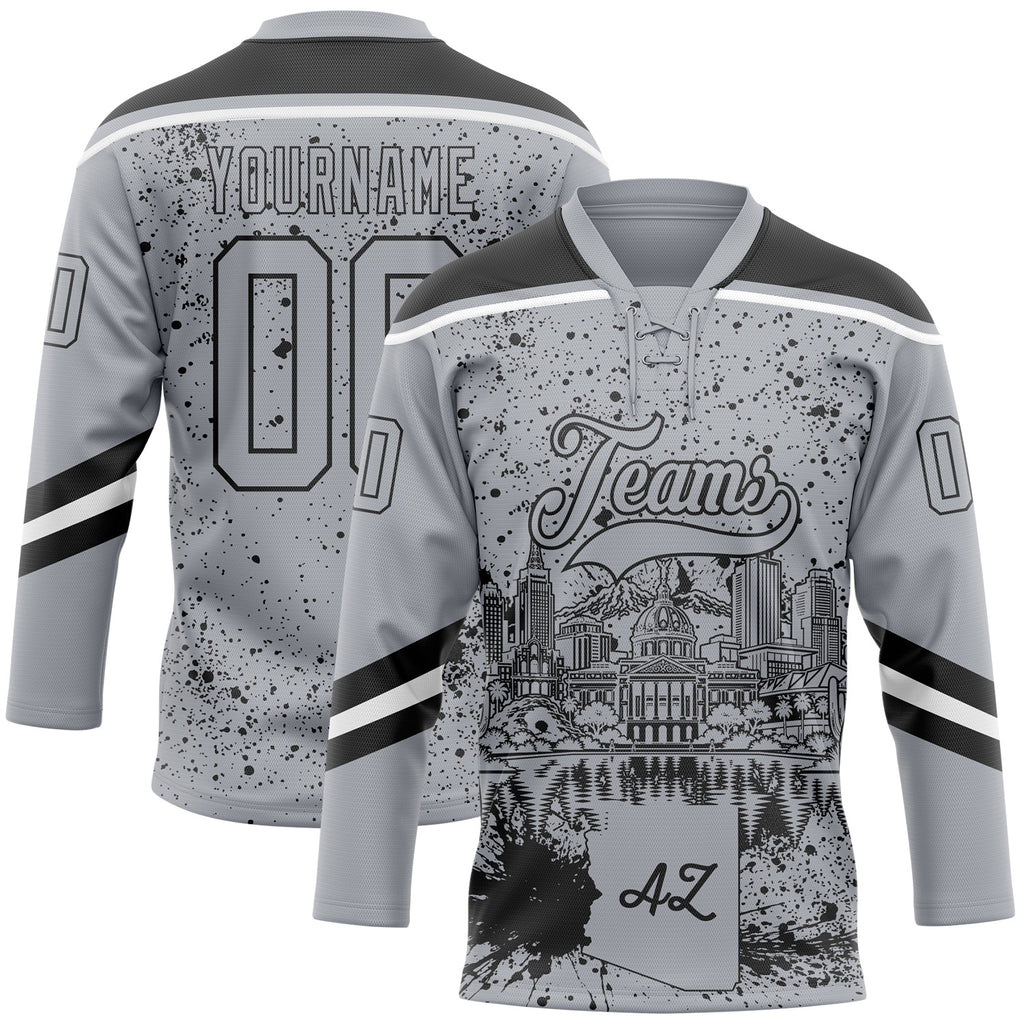 Custom Gray Black-White Phoenix AZ City Skyline State Pride Paint Splatter Lace Neck Hockey Jersey