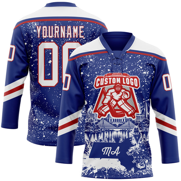 Custom Royal White-Red Boston MA City Skyline State Pride Paint Splatter Lace Neck Hockey Jersey