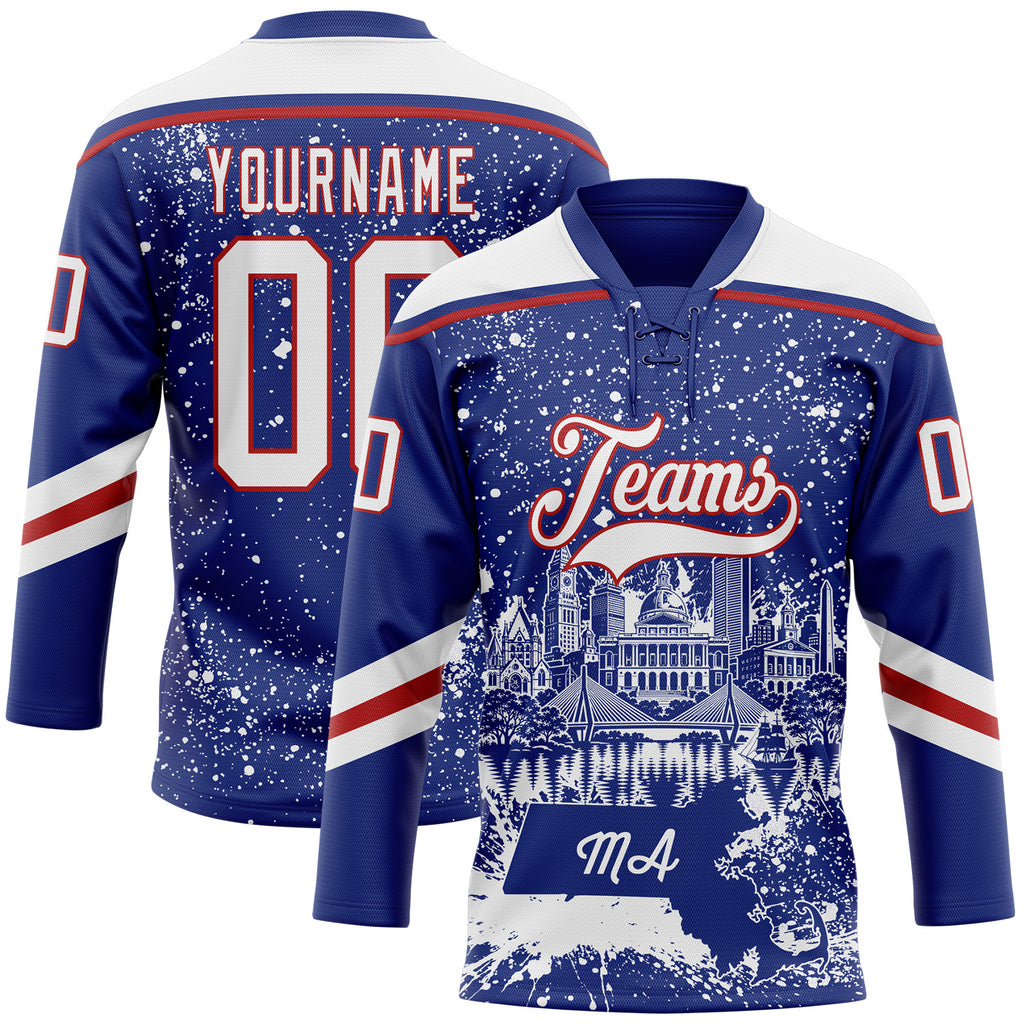 Custom Royal White-Red Boston MA City Skyline State Pride Paint Splatter Lace Neck Hockey Jersey