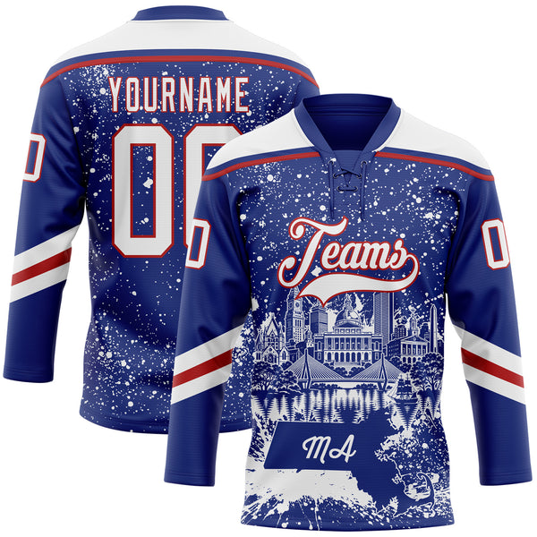 Custom Royal White-Red Boston MA City Skyline State Pride Paint Splatter Lace Neck Hockey Jersey