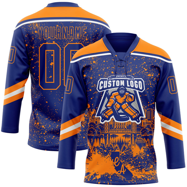 Custom Royal Bay Orange-White Sacramento CA City Skyline State Pride Paint Splatter Lace Neck Hockey Jersey