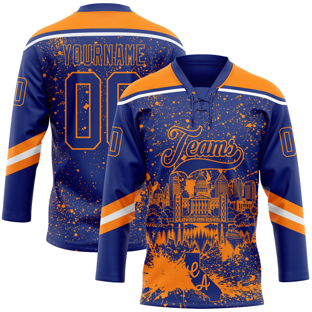 Custom Royal Bay Orange-White Sacramento CA City Skyline State Pride Paint Splatter Lace Neck Hockey Jersey
