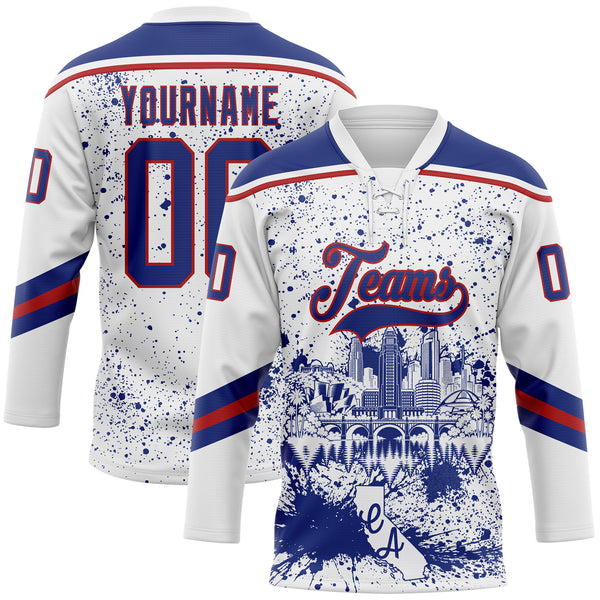 Custom White Royal-Red Sacramento CA City Skyline State Pride Paint Splatter Lace Neck Hockey Jersey