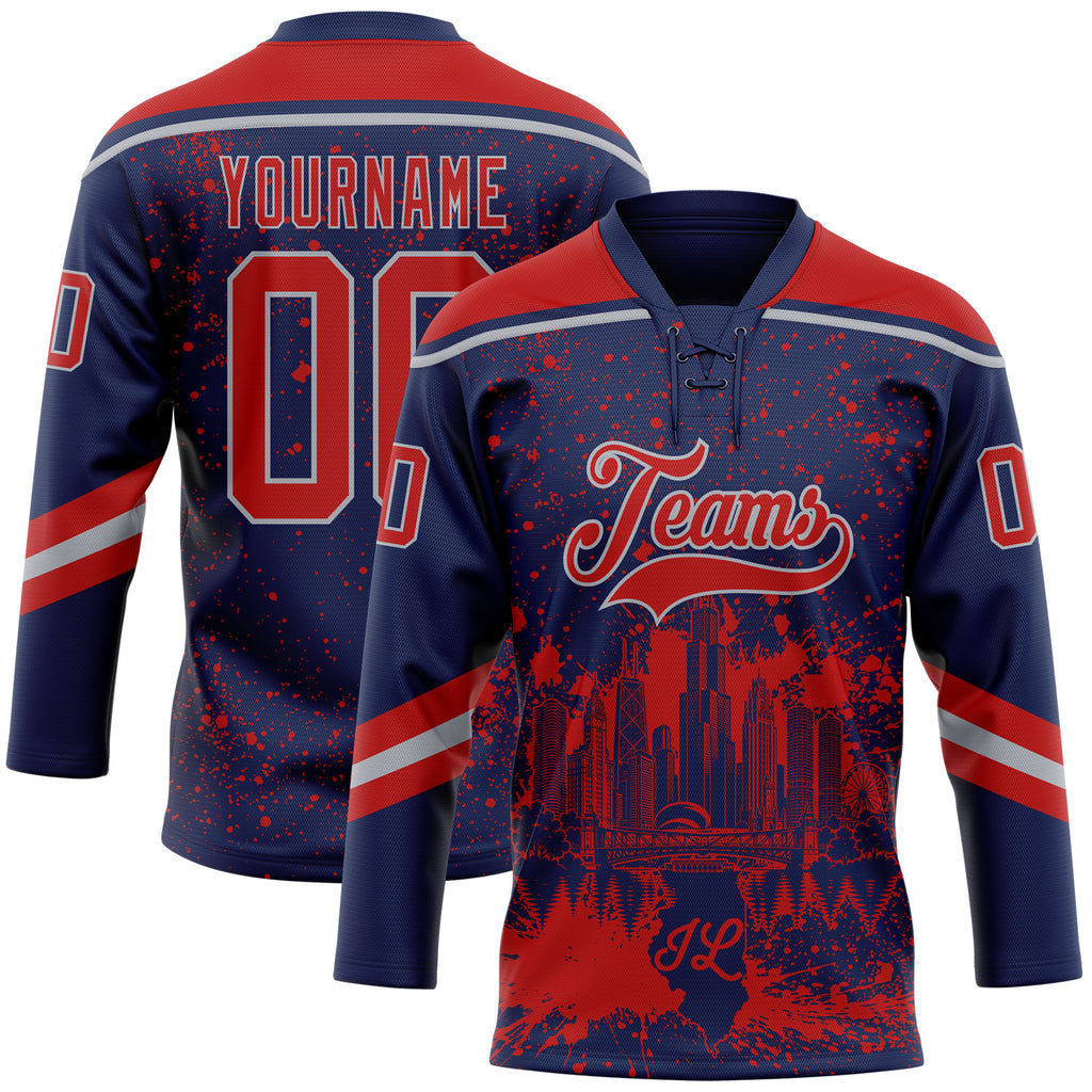 Custom Navy Red-Gray Chicago IL City Skyline State Pride Paint Splatter Lace Neck Hockey Jersey