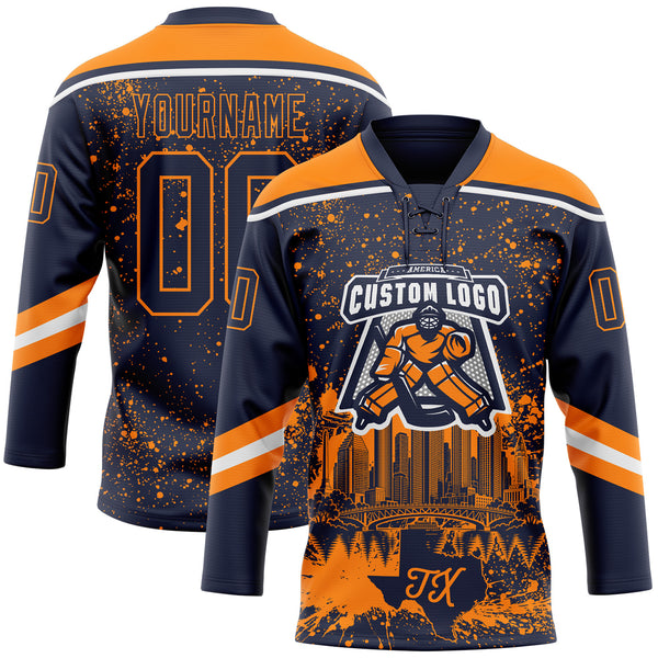 Custom Navy Bay Orange-White Houston TX City Skyline State Pride Paint Splatter Lace Neck Hockey Jersey