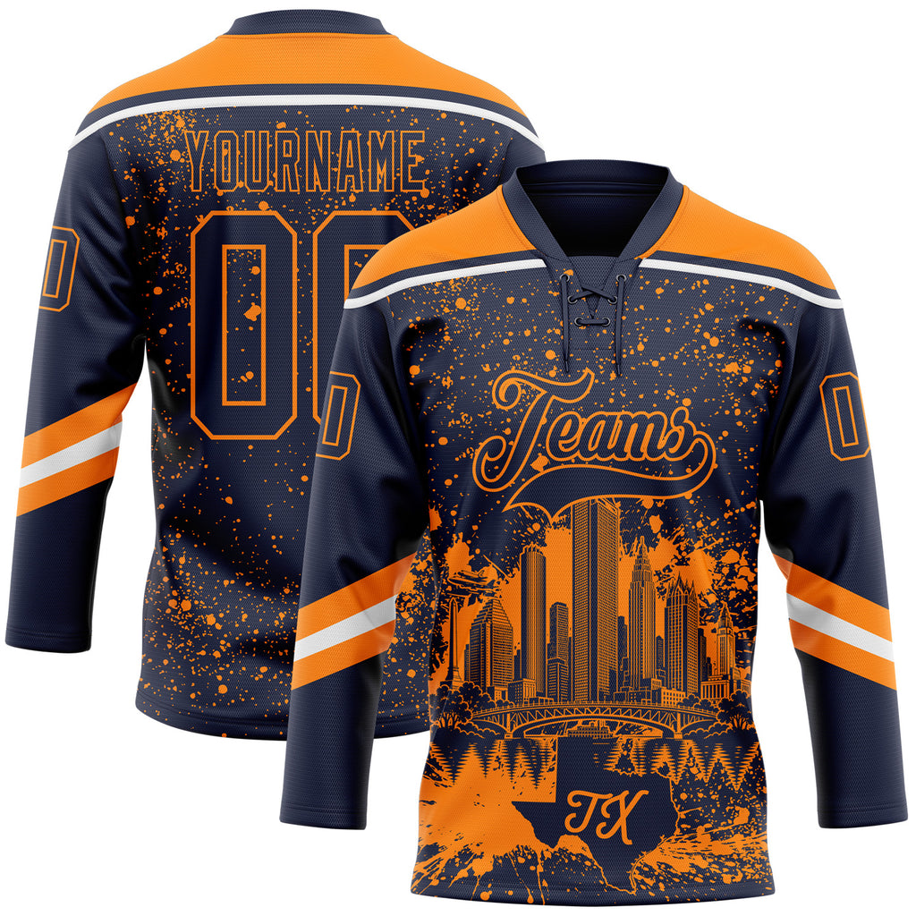Custom Navy Bay Orange-White Houston TX City Skyline State Pride Paint Splatter Lace Neck Hockey Jersey