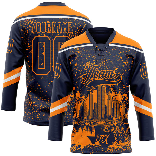 Custom Navy Bay Orange-White Houston TX City Skyline State Pride Paint Splatter Lace Neck Hockey Jersey