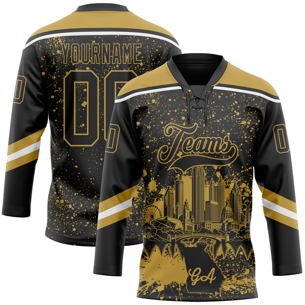 Custom Black Old Gold-White Atlanta GA City Skyline State Pride Paint Splatter Lace Neck Hockey Jersey