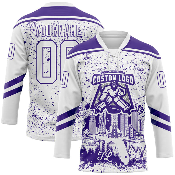 Custom White-Purple Miami FL City Skyline State Pride Paint Splatter Lace Neck Hockey Jersey