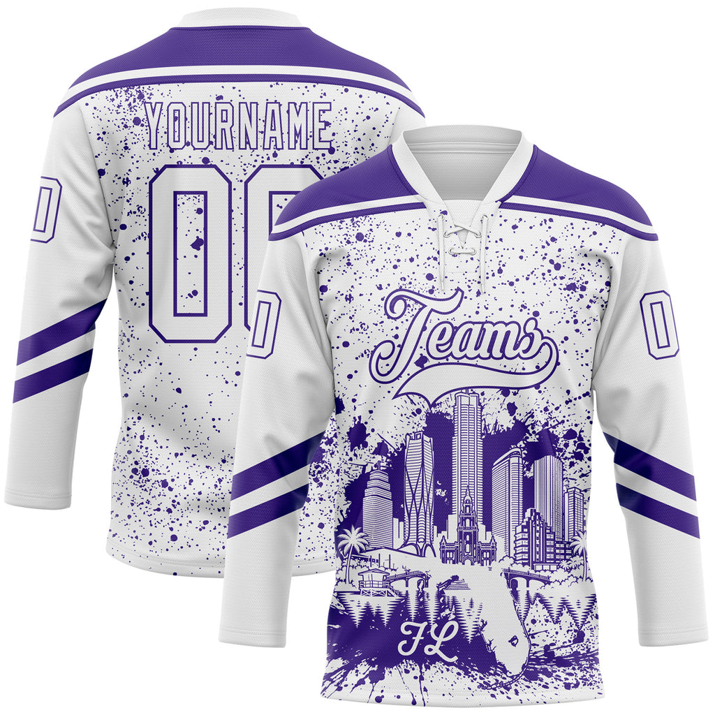 Custom White-Purple Miami FL City Skyline State Pride Paint Splatter Lace Neck Hockey Jersey