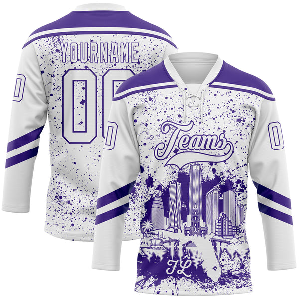 Custom White-Purple Miami FL City Skyline State Pride Paint Splatter Lace Neck Hockey Jersey