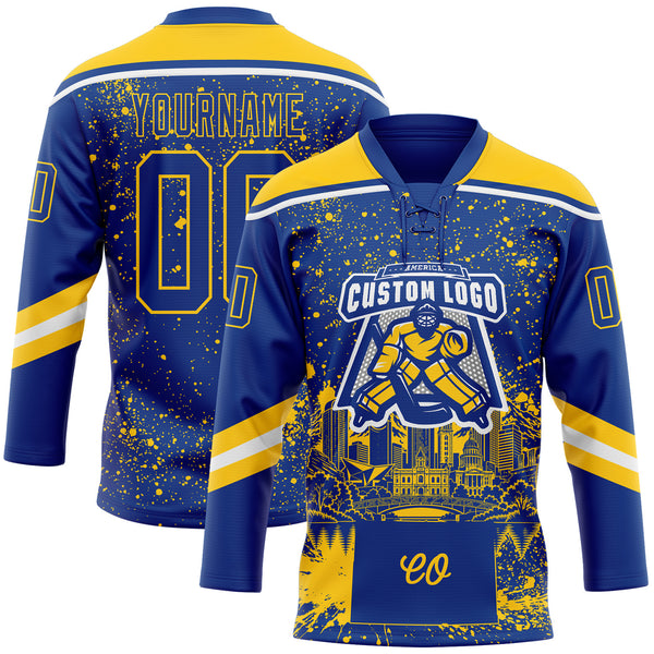 Custom Royal Yellow-White Denver CO City Skyline State Pride Paint Splatter Lace Neck Hockey Jersey