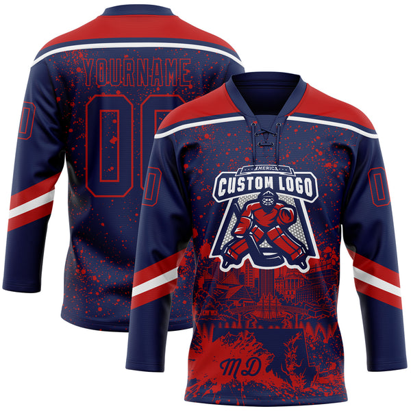 Custom Navy Red-White Baltimore MD City Skyline State Pride Paint Splatter Lace Neck Hockey Jersey