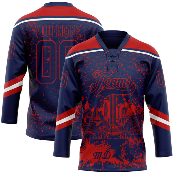 Custom Navy Red-White Baltimore MD City Skyline State Pride Paint Splatter Lace Neck Hockey Jersey