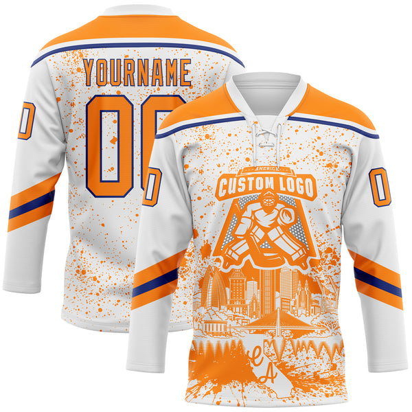 Custom White Bay Orange-Royal Oakland CA City Skyline State Pride Paint Splatter Lace Neck Hockey Jersey