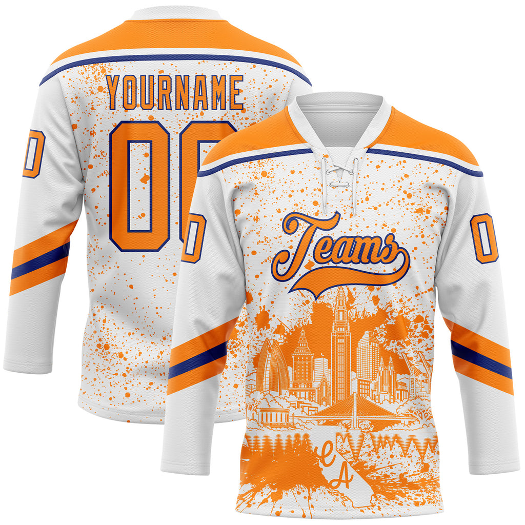 Custom White Bay Orange-Royal Oakland CA City Skyline State Pride Paint Splatter Lace Neck Hockey Jersey