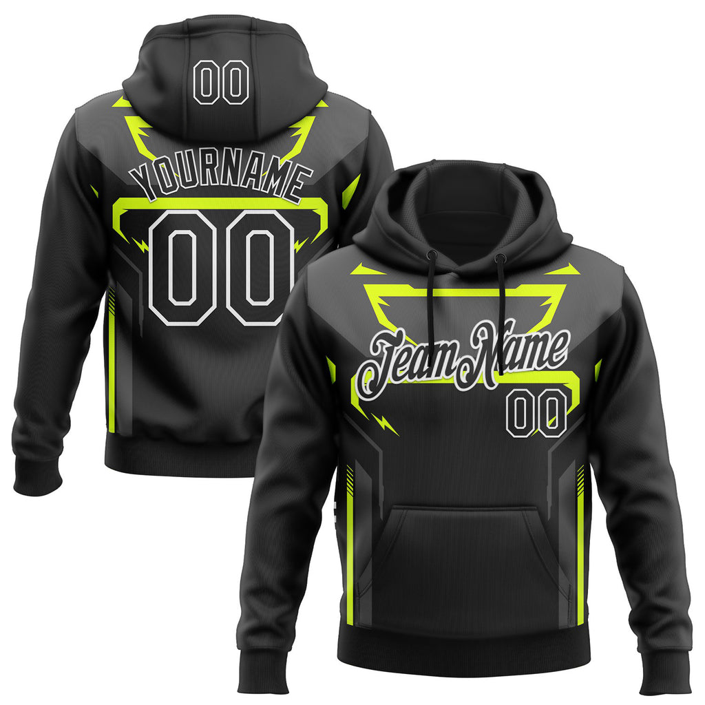 Custom Stitched Black Neon Yellow Gray-White Car Racing Motorsport Pullover Sweatshirt Hoodie