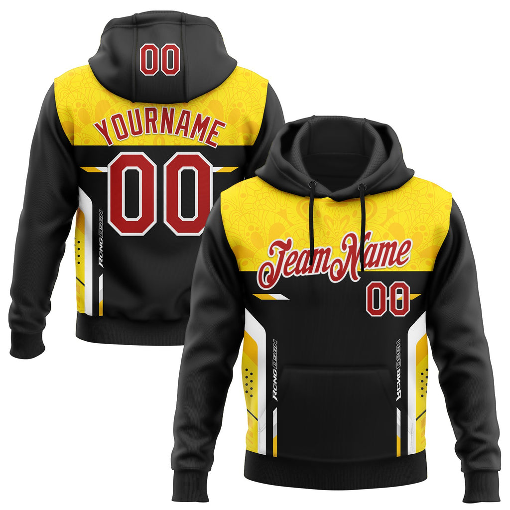 Custom Stitched Black Red Yellow Gray-White Car Racing Floral Motorsport Pullover Sweatshirt Hoodie