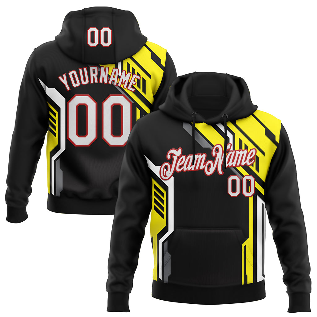 Custom Stitched Black White Yellow Gray-Red Car Racing Motorsport Pullover Sweatshirt Hoodie