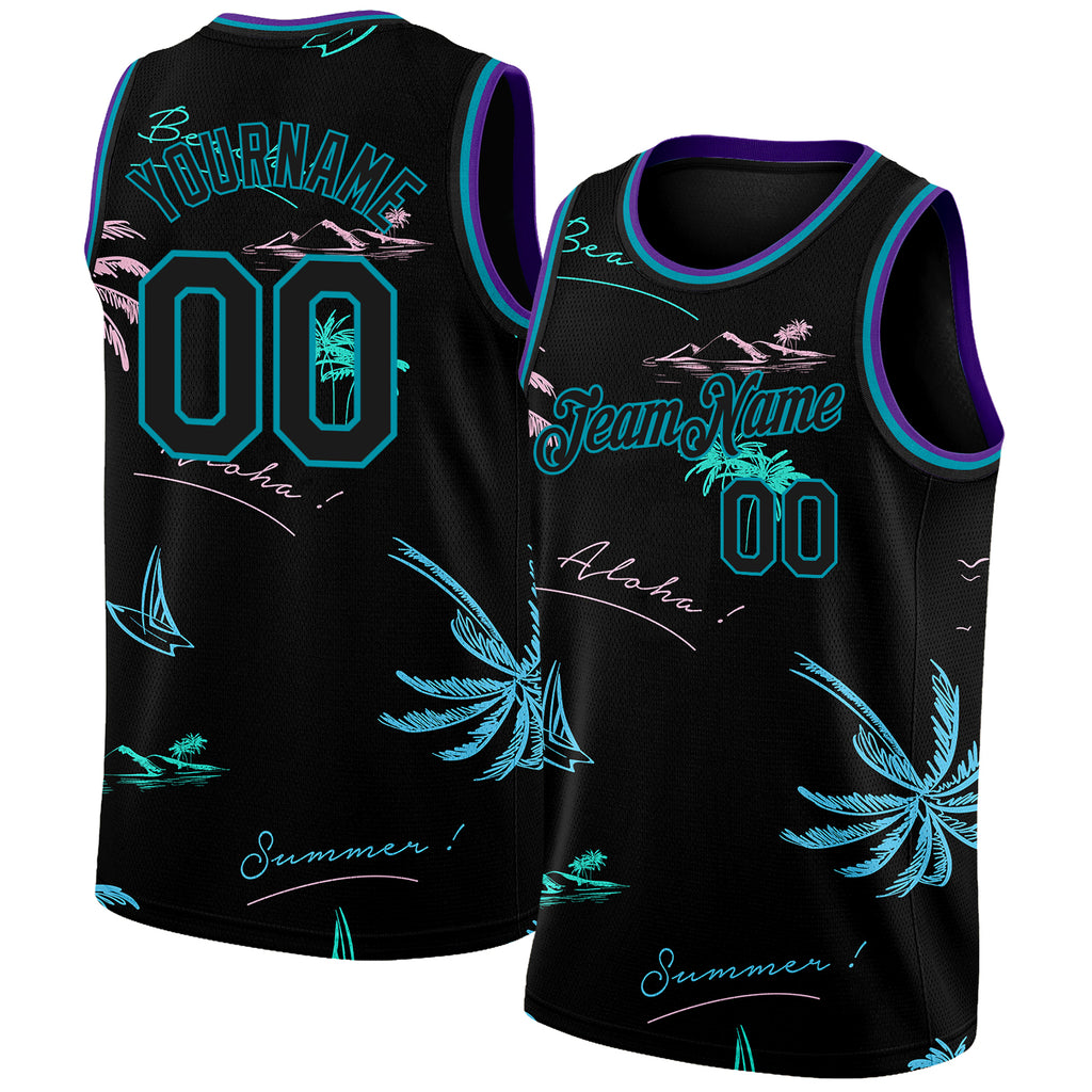 Custom Black Teal 3D Pattern Tropical Hawaii Palm Trees Authentic Basketball Jersey