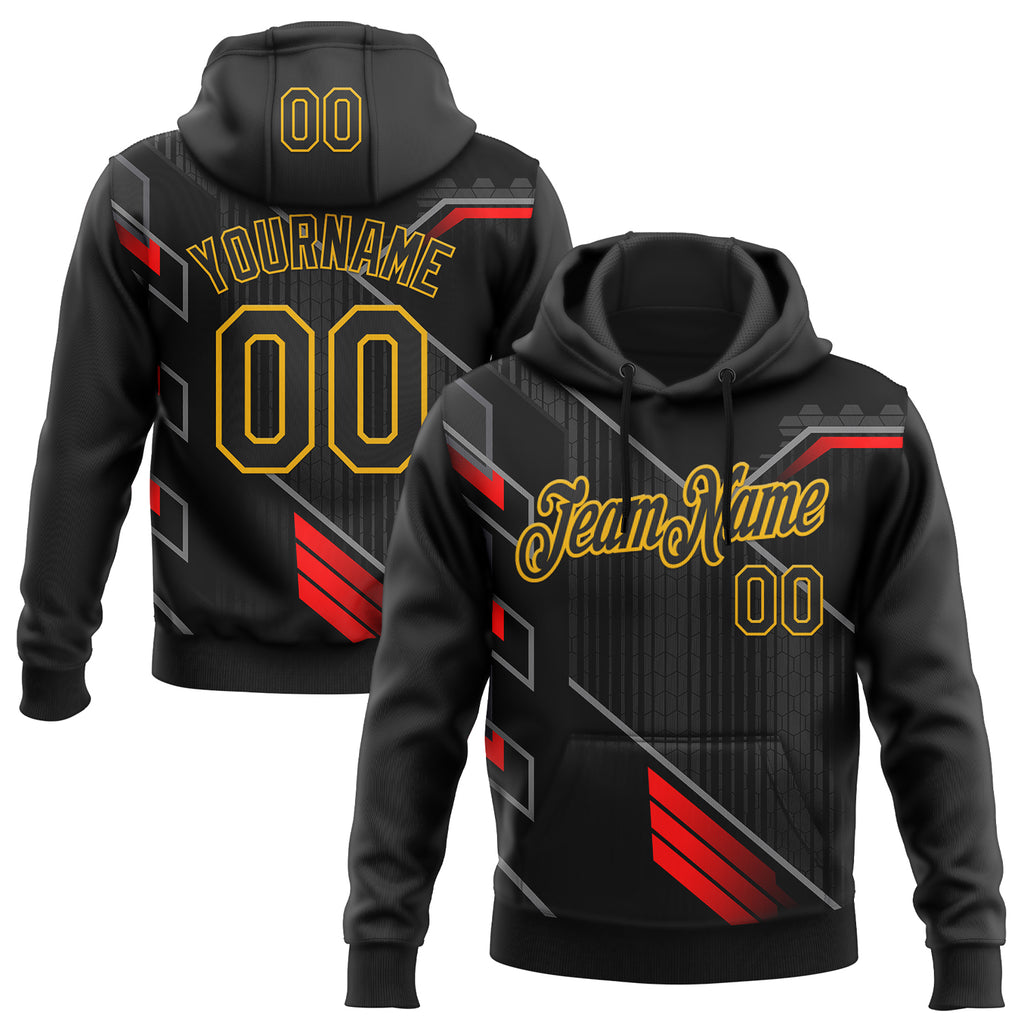 Custom Stitched Black Red Gray-Gold Car Racing Motorsport Pullover Sweatshirt Hoodie