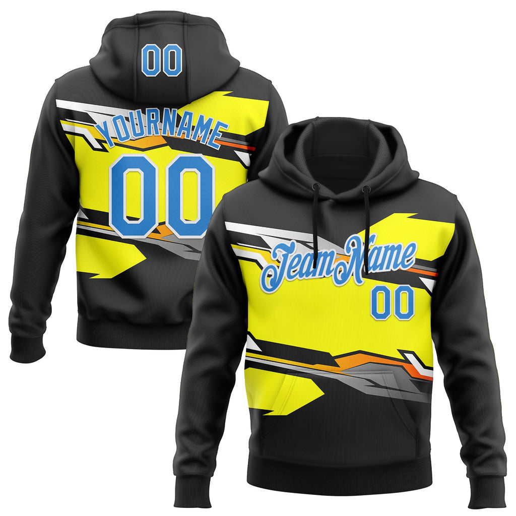 Custom Stitched Black Powder Blue Yellow Gray-White Car Racing Motorsport Pullover Sweatshirt Hoodie