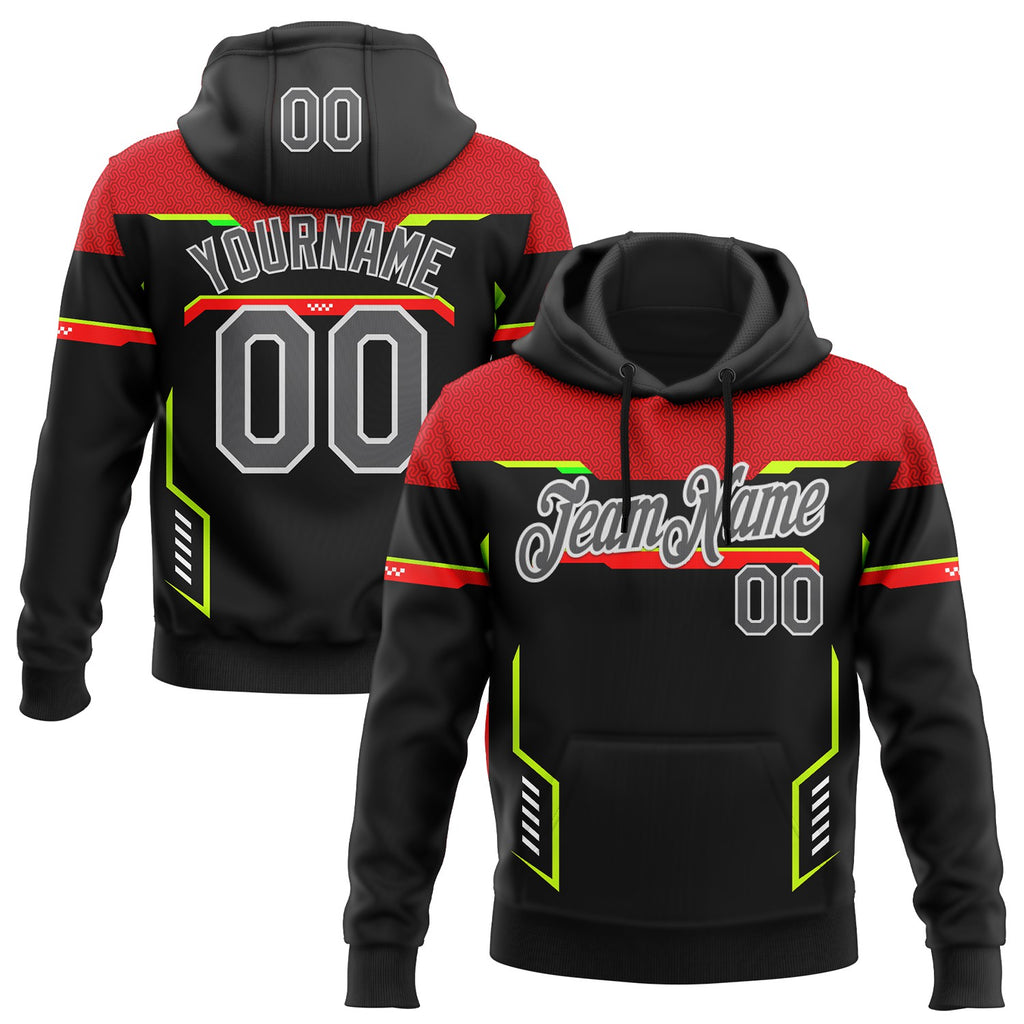 Custom Stitched Black Steel Gray Red Neon Green-White Car Racing Motorsport Pullover Sweatshirt Hoodie