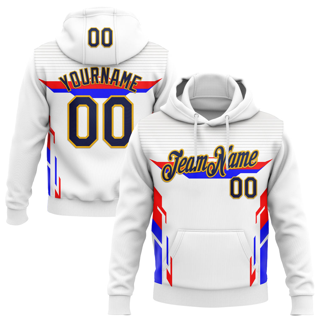 Custom Stitched White Navy Red Blue-Gold Car Racing Motorsport Pullover Sweatshirt Hoodie