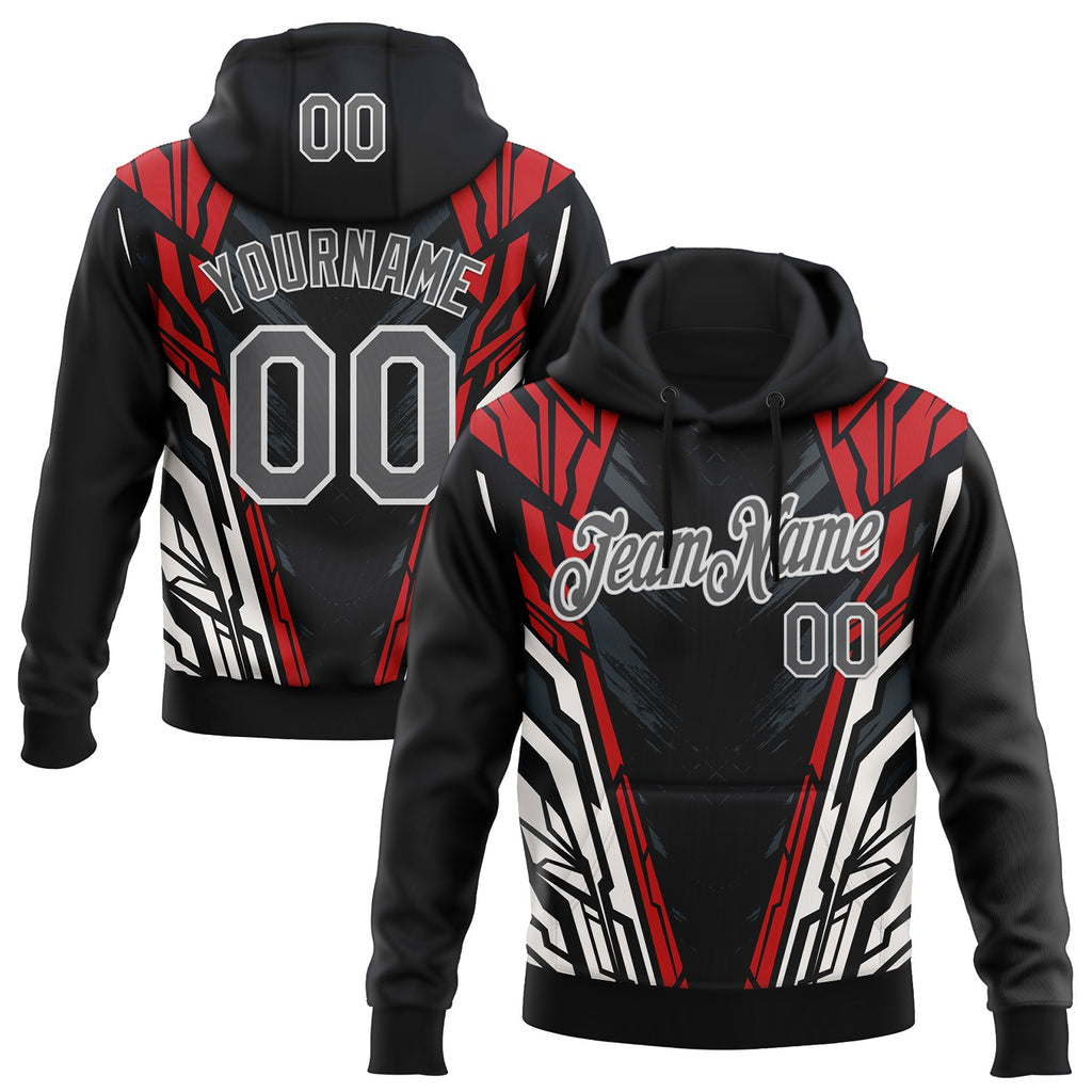 Custom Stitched Black Steel Gray Red-White Car Racing Motorsport Pullover Sweatshirt Hoodie