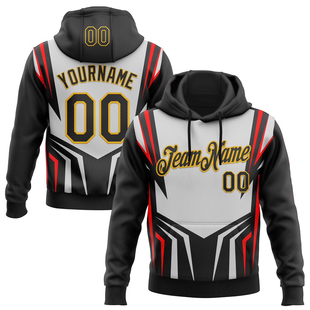 Custom Stitched Black Red-Gold Car Racing Motorsport Pullover Sweatshirt Hoodie