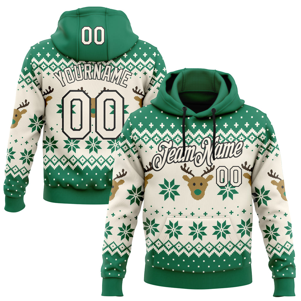 Custom Kelly Green Cream-Black Christmas Retro Reindeer Pullover Sweatshirt Hoodie