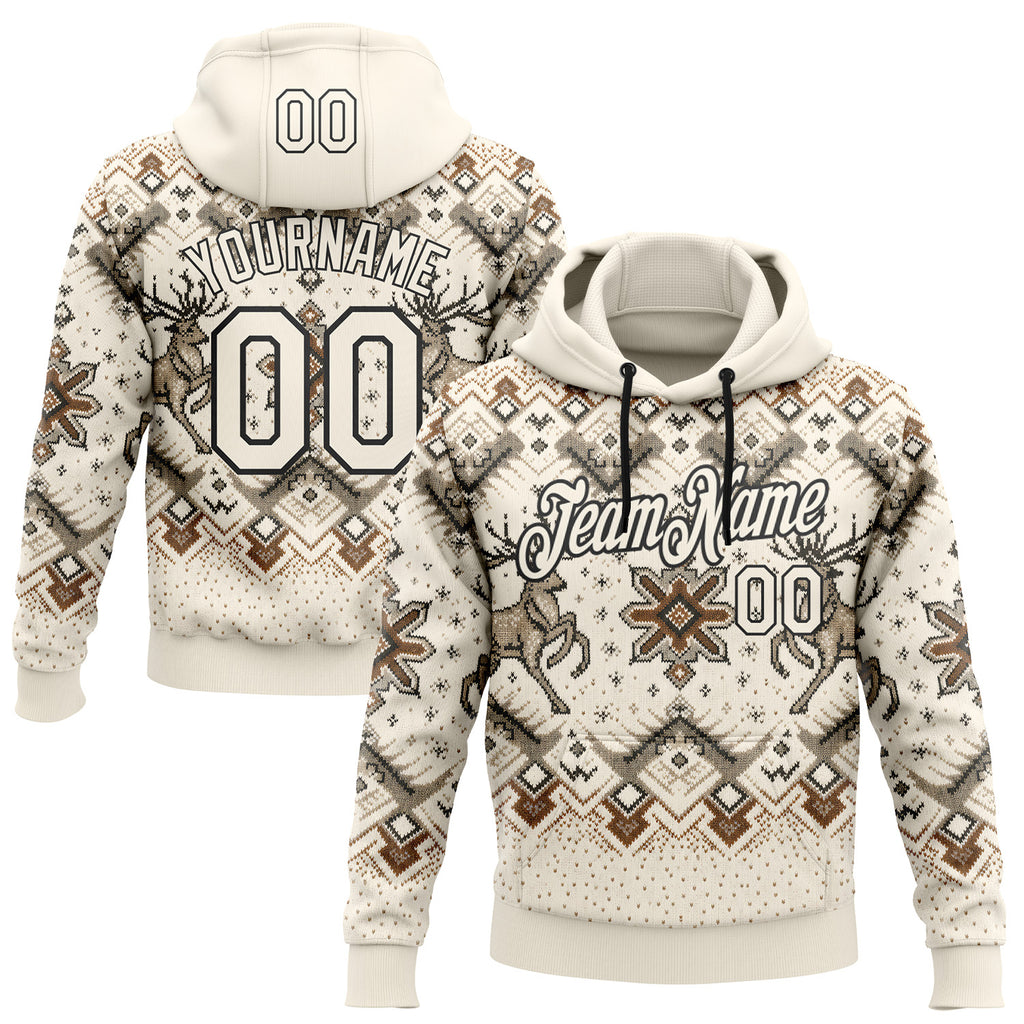 Custom Cream-Black Christmas Retro Reindeer Pullover Sweatshirt Hoodie