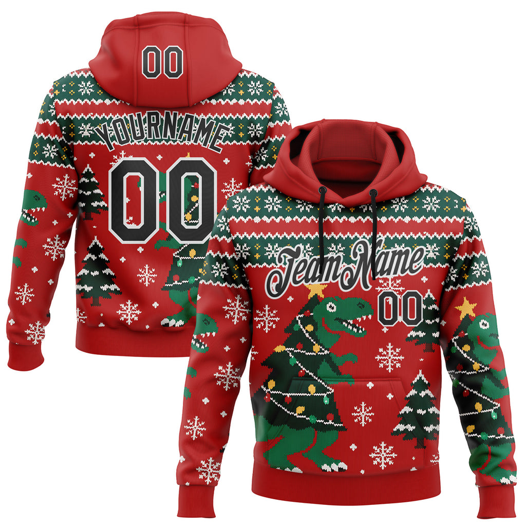 Custom Red Black-White Christmas Tree Dinosaur Pullover Sweatshirt Hoodie