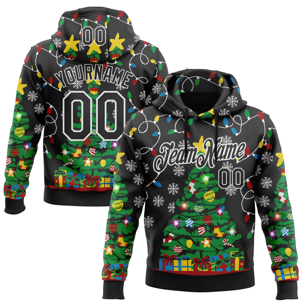Custom Black-White Christmas Tree Snow Pullover Sweatshirt Hoodie