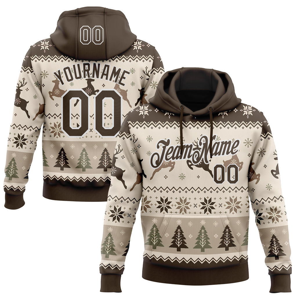 Custom Cream Brown-White Christmas Retro Reindeer Pullover Sweatshirt Hoodie