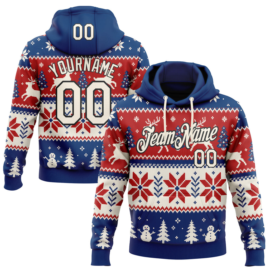 Custom US Navy Blue Cream Red-Black Christmas Retro Reindeer Pullover Sweatshirt Hoodie
