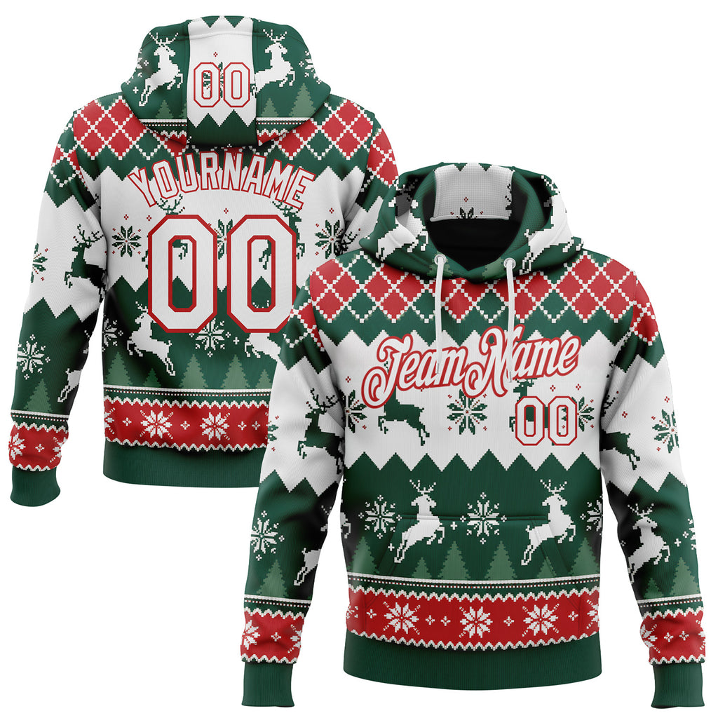 Custom Green White-Red Christmas Retro Reindeer Pullover Sweatshirt Hoodie