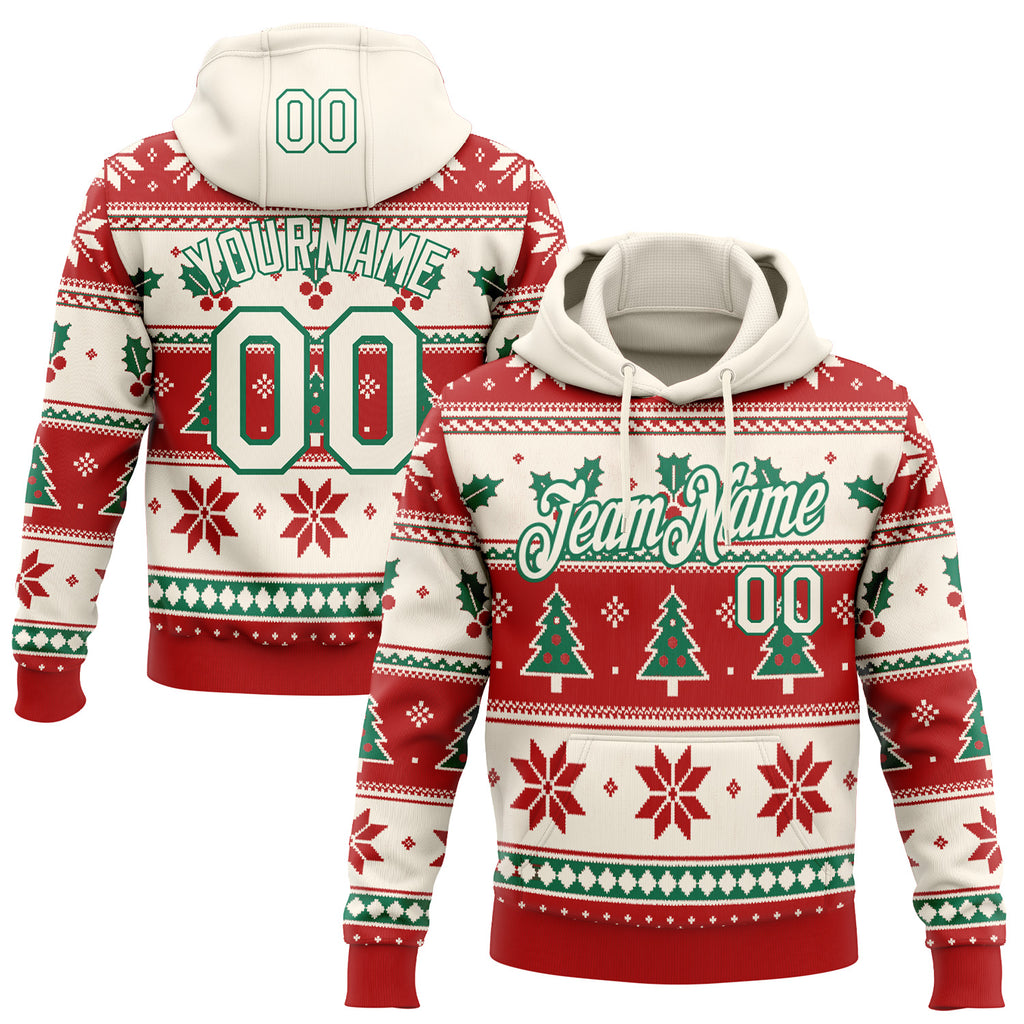 Custom Cream Red-Kelly Green Christmas Tree Pullover Sweatshirt Hoodie