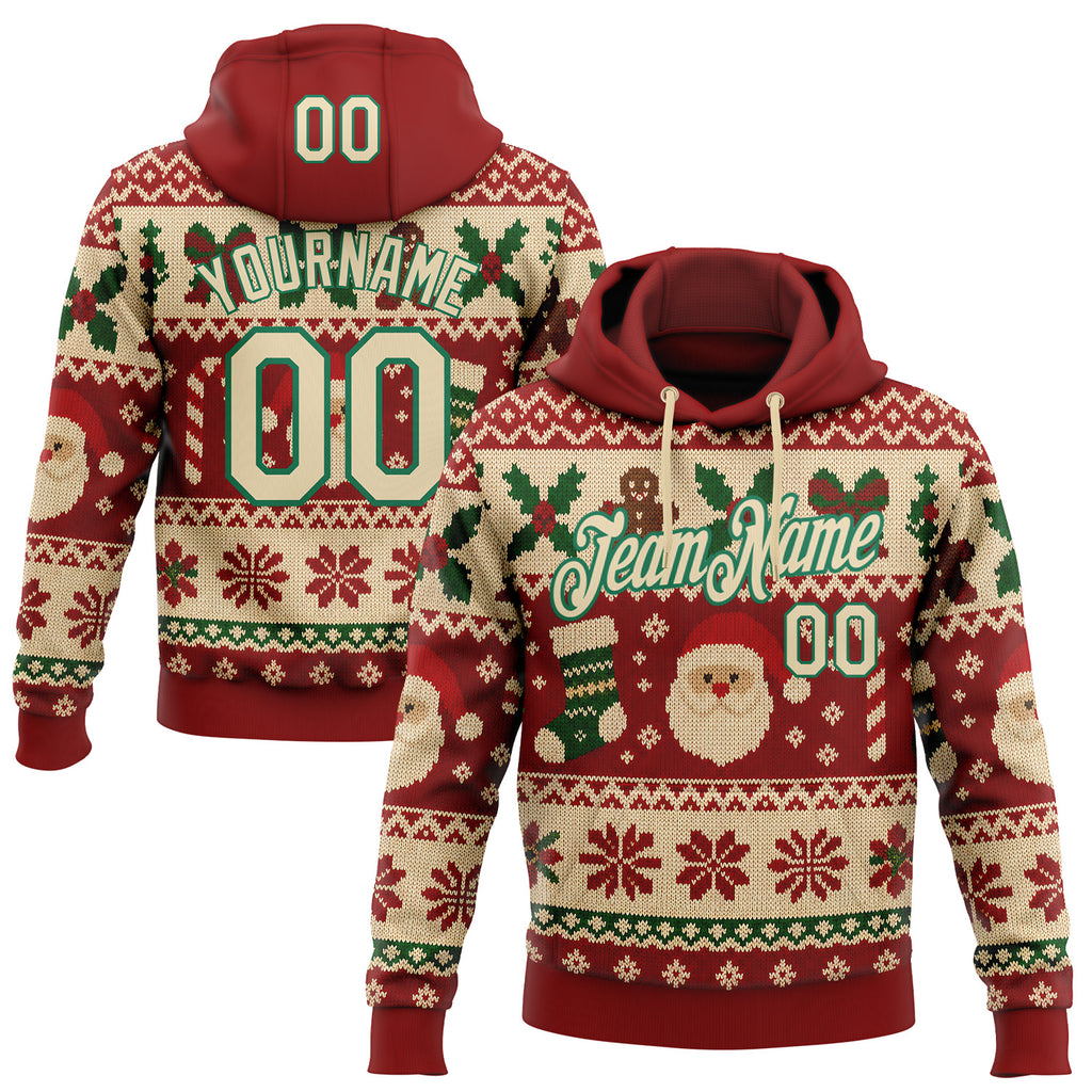 Custom Red Cream-Kelly Green Christmas Santa Claus Pullover Sweatshirt Hoodie
