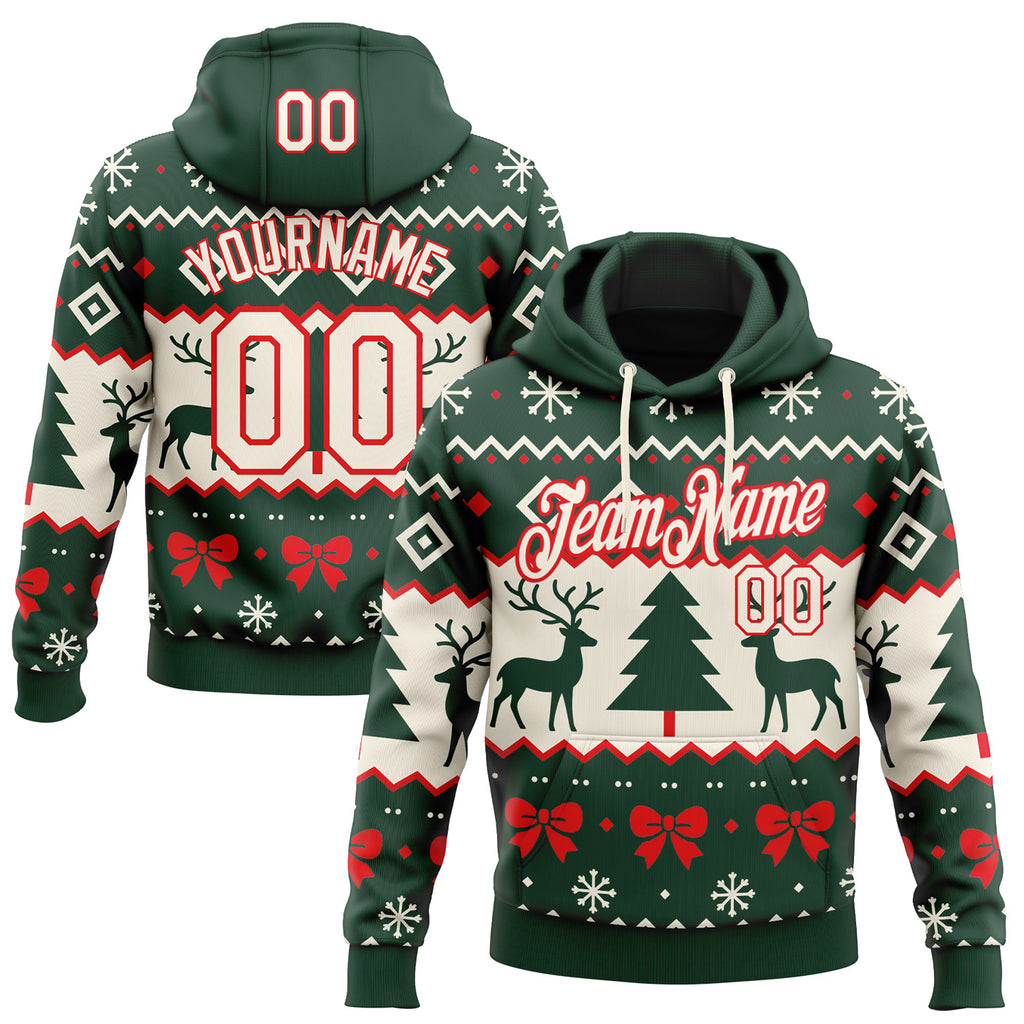 Custom Green Cream-Fire Red Christmas Retro Reindeer Pullover Sweatshirt Hoodie